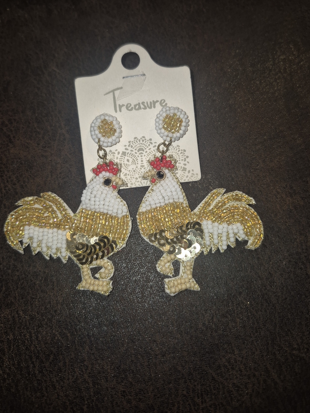 Treasure White & Gold Rooster Beaded Drop Earrings